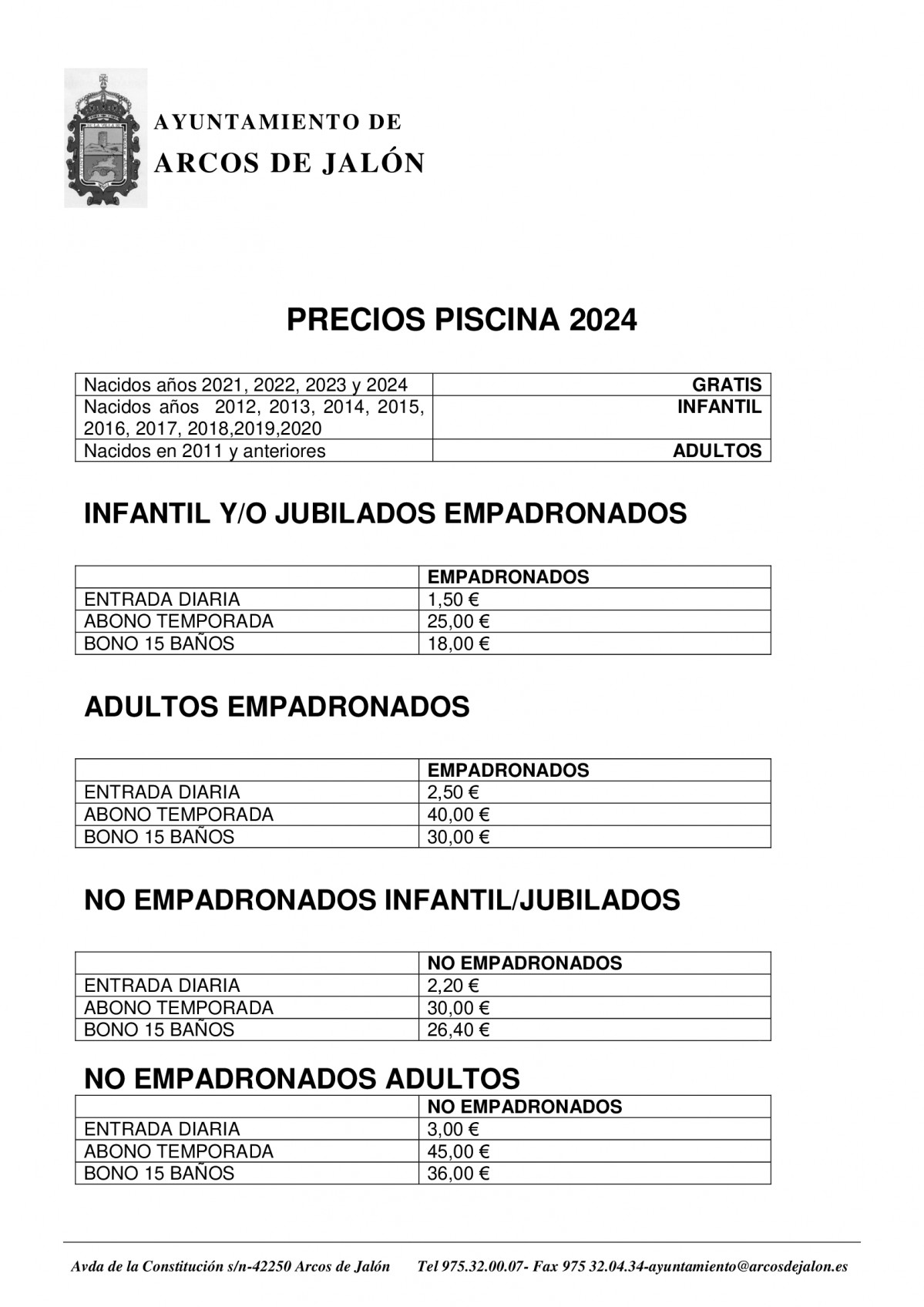 PRECIOS PISCINA 2024